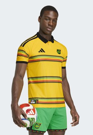 Junger Mann in gelbem und grünem Jamaica-Fußballtrikot, der einen Fußball hält und vor einem einfarbigen Hintergrund steht.