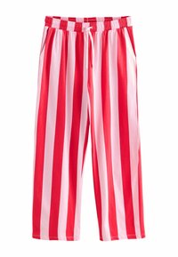 Red and pink striped loose-fit pants with an elastic waistband and adjustable drawstring, featuring side pockets and a soft texture.