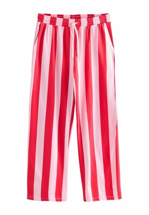 Pantaloni largi, cu dungi roșii și roz, cu talie elastică și șnur reglabil, având buzunare laterale și o textură moale.