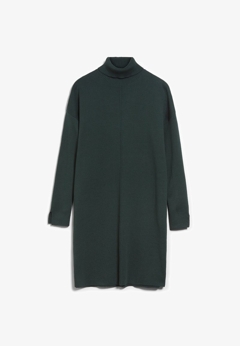 Robe-pull à col roulé à manches longues de couleur vert foncé, coupe droite avec un détail subtil de couture au centre devant.