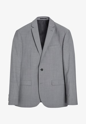 Grå skräddarsydd kavaj med en slät, texturerad tyg. Har en enkel knappstängning, slagkrage och två framfickor.