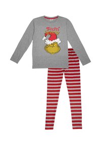 Maglietta grigia a maniche lunghe con una grafica colorata del Grinch e il testo "Mi sento Grinchy." Pantaloni pigiama a righe rosse e grigie abbinati.