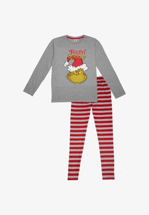 Maglietta grigia a maniche lunghe con una grafica colorata del Grinch e il testo "Mi sento Grinchy." Pantaloni pigiama a righe rosse e grigie abbinati.