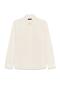 Chemise crème à manches longues en tissu lisse, avec un col pointu, une fermeture boutonnée à l'avant et des poignets à boutons. Design simple et épuré.