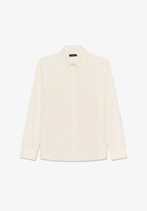 Krēmkrāsas garām piedurknēm krekls no gludas auduma ar smailu apkakli, priekšpuses pogas un pogām aizdarāmiem aproču galiem. Vienkāršs, bez dekorācijām dizains.