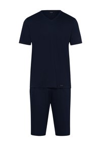 Ensemble de vêtements de détente bleu marine comprenant un T-shirt à manches courtes en V et un short longueur genou, fabriqué à partir d'un tissu doux et respirant.