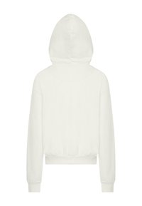 Weißer Hoodie mit einer Kordelzugkapuze, langen Ärmeln, gerippten Bündchen und abgerundetem Saum. Weicher Stoff mit glatter Textur.