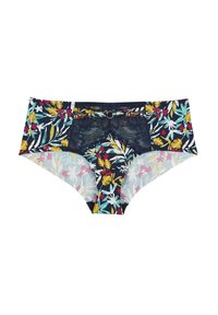 Culottes hipsters à motifs floraux avec une base bleu marine, des feuilles et des fleurs colorées, des panneaux latéraux transparents et un détail en dentelle à l'avant.
