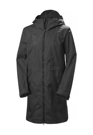 Giacca impermeabile nera con zip frontale, cappuccio regolabile e maniche lunghe. Tessuto liscio e resistente con un design semplice e funzionale.