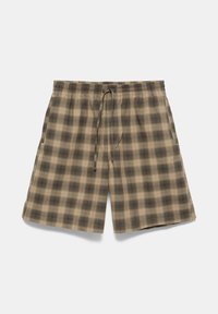 Shorts à carreaux marron et beige avec taille élastique et cordon, présentés sur un fond clair uni.