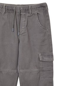 Pantaloni cargo grigi con una vita elastica e cordini, più tasche e un tessuto testurizzato con un delicato motivo diagonale.