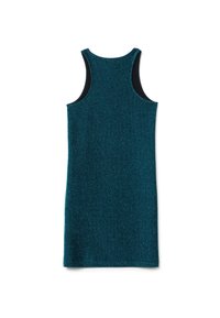 Türkises ärmelloses Kleid aus strukturiertem Stoff mit einem subtilen Schimmer; verfügt über schwarze Akzente an den Armöffnungen und am Ausschnitt, schlankes Design.