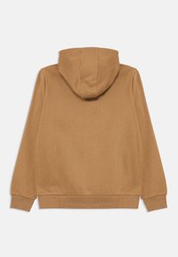 Pullover hoodie marrone realizzato in tessuto testurizzato. Presenta un grande cappuccio, maniche lunghe e polsini a costine. Il design è semplice senza dettagli aggiuntivi.