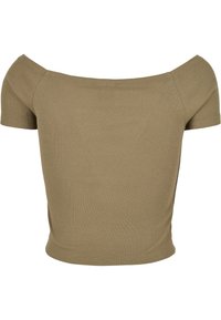 Top corto a maniche corte verde oliva a coste con scollatura off-the-shoulder. Texture morbida e design aderente senza ulteriori decorazioni.