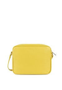 Borsa a tracolla in pelle di un vivace giallo. Forma rettangolare con una finitura testurizzata e una sola tracolla. Chiusura con zip e dettagli minimi.