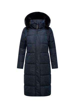 Abrigo de plumas azul marino con capucha con acabado de piel sintética, mangas largas y un diseño hasta la rodilla que presenta una textura acolchada y cordones ajustables.