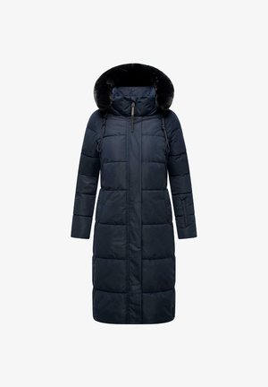 Abrigo de plumas azul marino con capucha con acabado de piel sintética, mangas largas y un diseño hasta la rodilla que presenta una textura acolchada y cordones ajustables.
