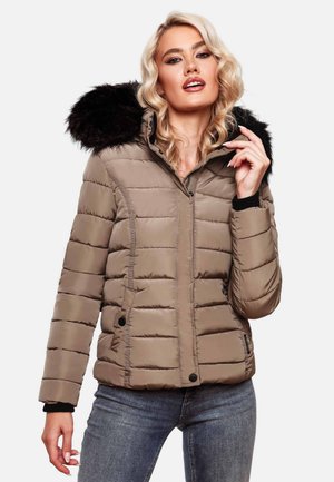 Veste beige rembourrée avec capuche détachable en fourrure, poignets côtelés et fermeture éclair à l'avant, avec deux poches latérales et des détails brodés.