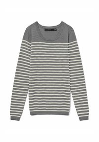 Pull gris avec des rayures horizontales gris clair et crème. Il a un col rond et des manches longues, en tissu tricoté texturé.