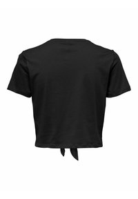 Camiseta negra corta hecha de algodón suave. Presenta mangas cortas y un detalle de lazo en el dobladillo. Textura lisa con un diseño sencillo.