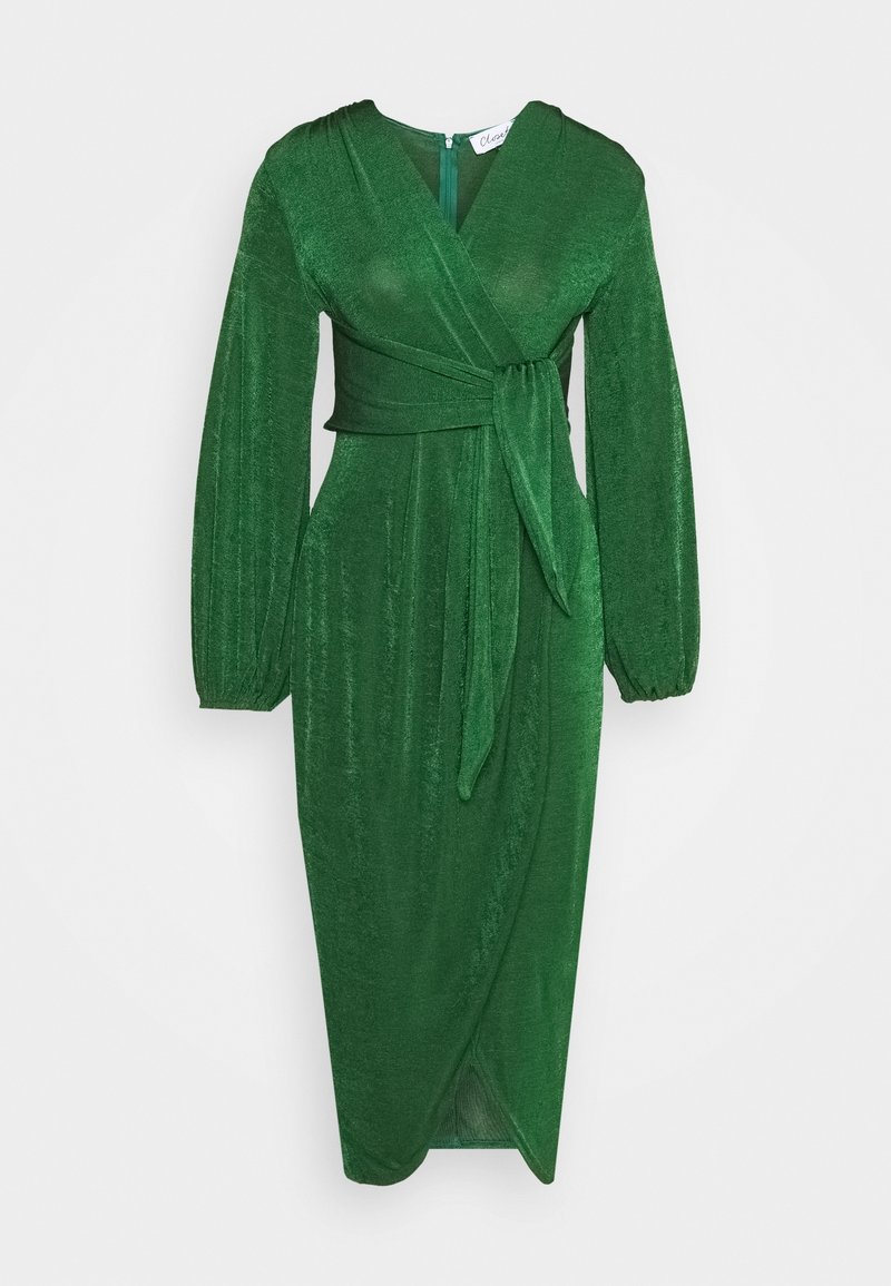 Robe portefeuille longue en velours vert avec manches longues, poignets froncés, col en V, ceinture à la taille et ourlet à hauteur du genou.