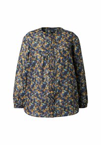 Langärmlige Bluse mit Knopfverschluss und rundem Kragen, ausgestattet mit einem abstrakten floralen Muster in Blau, Orange und Teal auf dunklem Stoff.