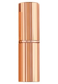 Roségold Lippenstiftetui mit einer eleganten, zylindrischen Form, die vertikale Rillen und eine glänzende Oberfläche aufweist. Geschlossener Deckel oben.