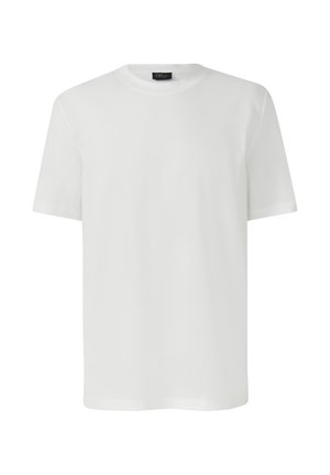 T-shirt en coton blanc avec un col rond et des manches courtes, présentant une texture lisse et une coupe droite. Sans motifs ni accents.