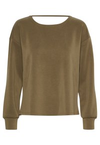 Maglietta verde oliva a maniche lunghe con scollo tondo, spalle cadenti e polsini elasticizzati. Tessuto liscio e dettagli di cucitura sottili sulla parte inferiore.