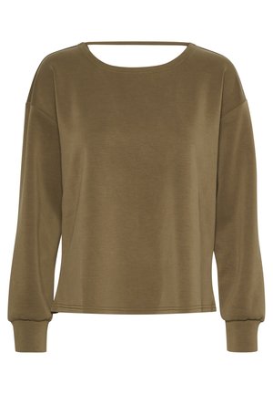 Haut à manches longues vert olive avec un col rond, des épaules tombantes et des poignets élastiqués. Texture lisse et détails de couture subtils sur l'ourlet.