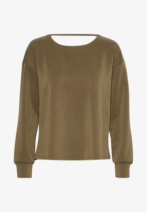 Olivengroene langemouwtop met een ronde hals, verlaagde schouders en elastische manchetten. Glad textuur en subtiele naaddetails aan de zoom.