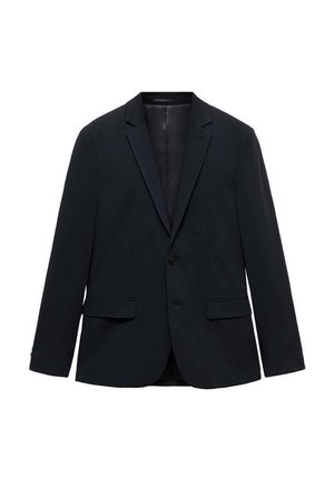 Svart blazer tillverkad av slätt tyg, med snedskuren krage, två framfickor, en knappstängning och en skräddarsydd passform.