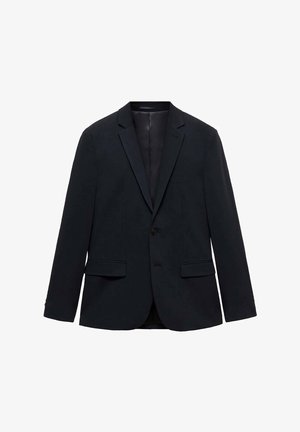 Schwarzer Blazer aus glattem Material, mit Reverskragen, zwei vorderen Taschen, einem Ein-Knopf-Verschluss und figurbetonter Passform.