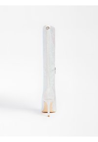 Knee-high silver metallic heeled boot with a textured finish, side zipper, and open toe. Designed with a stiletto heel and minimal detailing.