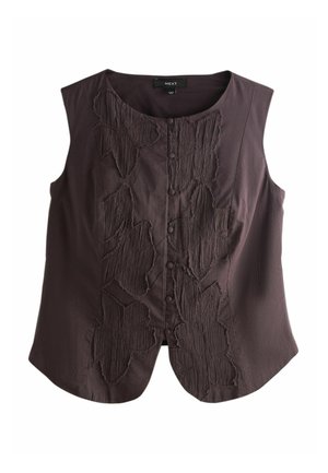 Bezrekawnikowy ciemnobrązowy top z okrągłym dekoltem, zapinany z przodu na guziki, z teksturowanymi kwiatowymi aplikacjami z przodu.