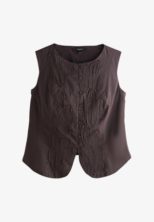 Top maro închis fără mâneci, cu decolteu rotund, nasturi în față și detalii aplicate florale texturate pe partea din față.