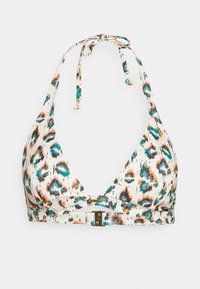 Top de bikini com padrão de leopardo, apresentando um design de halter neck, laços ajustáveis e um fecho de clasp em tom dourado nas costas. Cores branca, laranja e azul-turquesa.