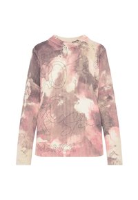 Langärmliger Pullover aus Rippstoff in einem Farbverlauf von Pink und Lila mit floralen Mustern und silbernen Texthighlights auf der Vorderseite.