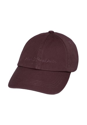 Dunkelbraune Baumwoll-Baseballkappe mit gebogenem Schirm und besticktem Text auf dem Frontpanel mit der Aufschrift „Marc O'Polo Denim“.
