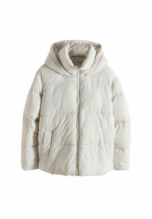 Witte pufferjas met een capuchon, voorzien van een ritssluiting, een gewatteerde textuur en twee zijzakken. Zacht, lichtgewicht materiaal.