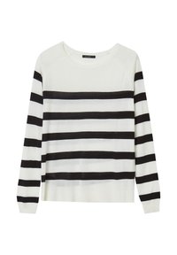Weißer Pullover mit langen Ärmeln und schwarzen horizontalen Streifen über dem Körper und den Ärmeln, mit einem runden Ausschnitt und einem kleinen Etikett im Kragen.