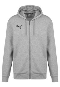 Grauer Reißverschluss-Hoodie aus weichem Material, mit Kapuze zum Festziehen, zwei Fronttaschen und einem schwarzen Puma-Logo auf der linken Brust.