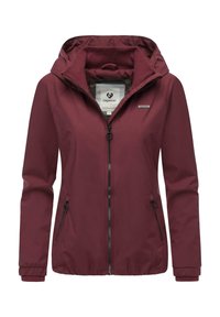 Veste légère marron avec une fermeture éclair à l'avant, capuche et poignets élastiques. Comprend des poches latérales et un patch logo sur la poitrine. Texture lisse.