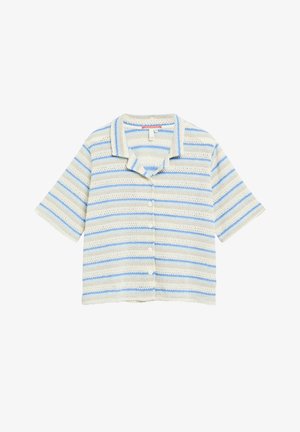Kurzärmeliges gestricktes Shirt mit blauen, weißen und beigen horizontalen Streifen, durchgehender Knopfleiste und spitzem Kragen.
