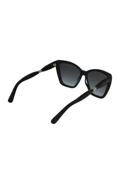 Schwarze übergroße Cat-Eye-Sonnenbrille mit dunklen Verlaufs-Gläsern und goldenen Akzenten an den Bügeln, aus der Rückansicht gezeigt.