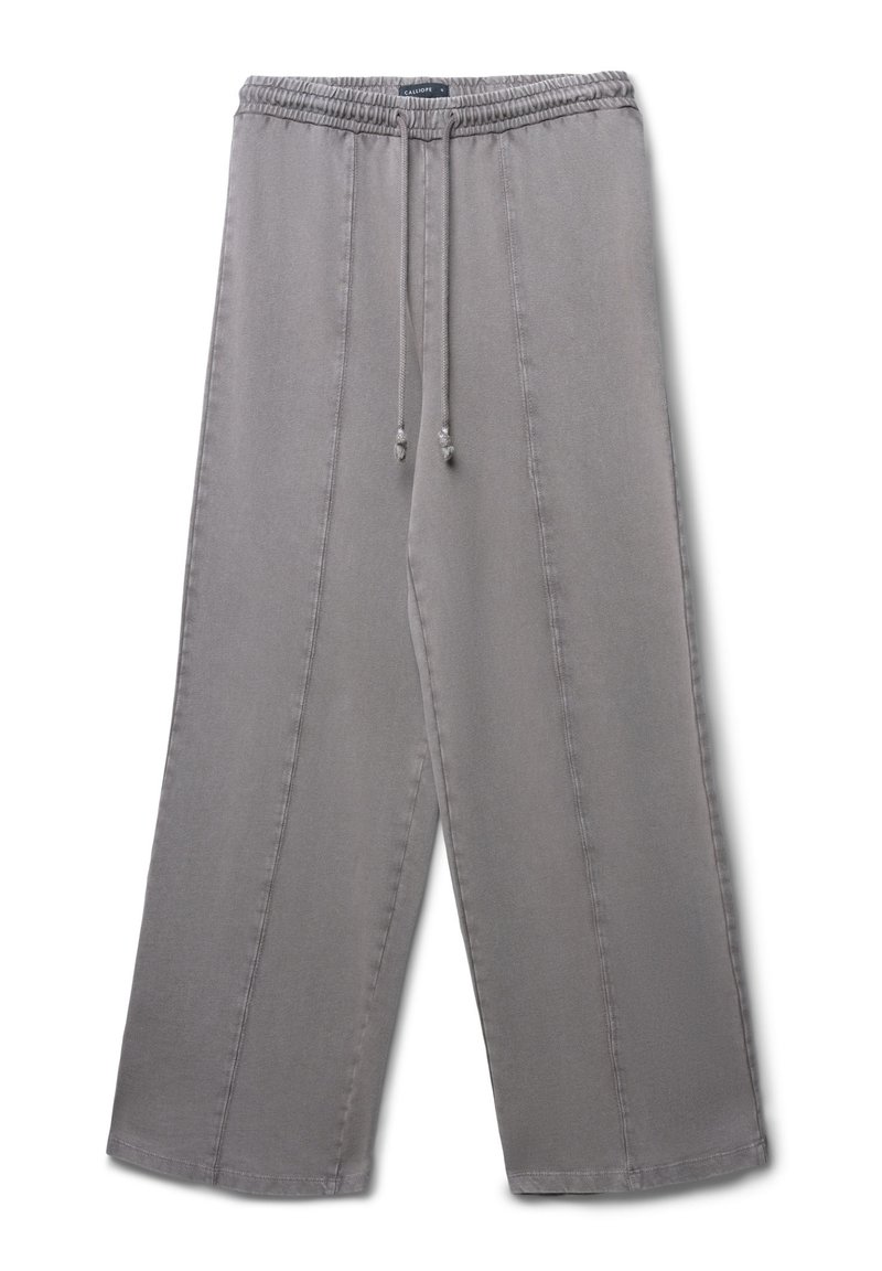Graue weit geschnittene Hose aus weichem Stoff, mit einem elastischen Bund und Kordelzug sowie vertikalen Nähten auf beiden Seiten.