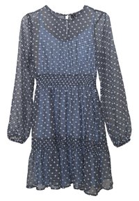 Mörkblå klänning i genomskinligt tyg, med rut- och prickmönster, långa puffy ärmar, en smockad midja och en utsvängd nederdel.