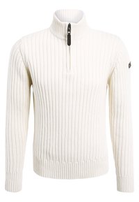 Vit ribbad tröja med hög krage och halvdragkedja. Har långa ärmar och en logotyp patch på vänster axel. Mjuk textur.