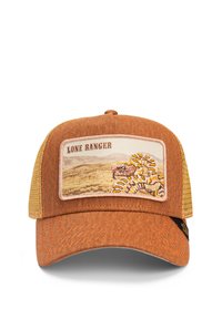 Casquette marron avec une arrière en maille, ornée d'un patch brodé représentant un paysage avec un serpent et le texte "LONE RANGER". Tissu texturé.
