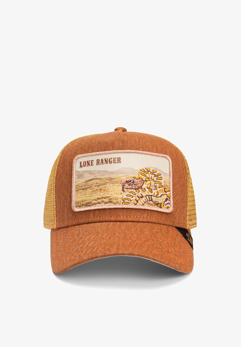 Brown cap with a mesh back, featuring an embroidered patch depicting a landscape with a snake and "LONE RANGER" text. Textured fabric.